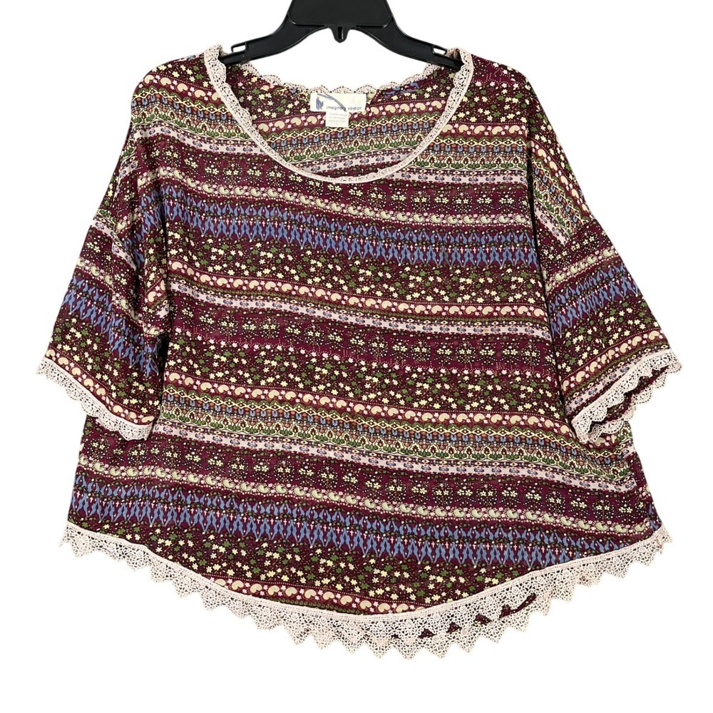 Imaginary‎ Voyage Floral Striped Crochet Trim Boho Blouse Top Burgundy L Womens